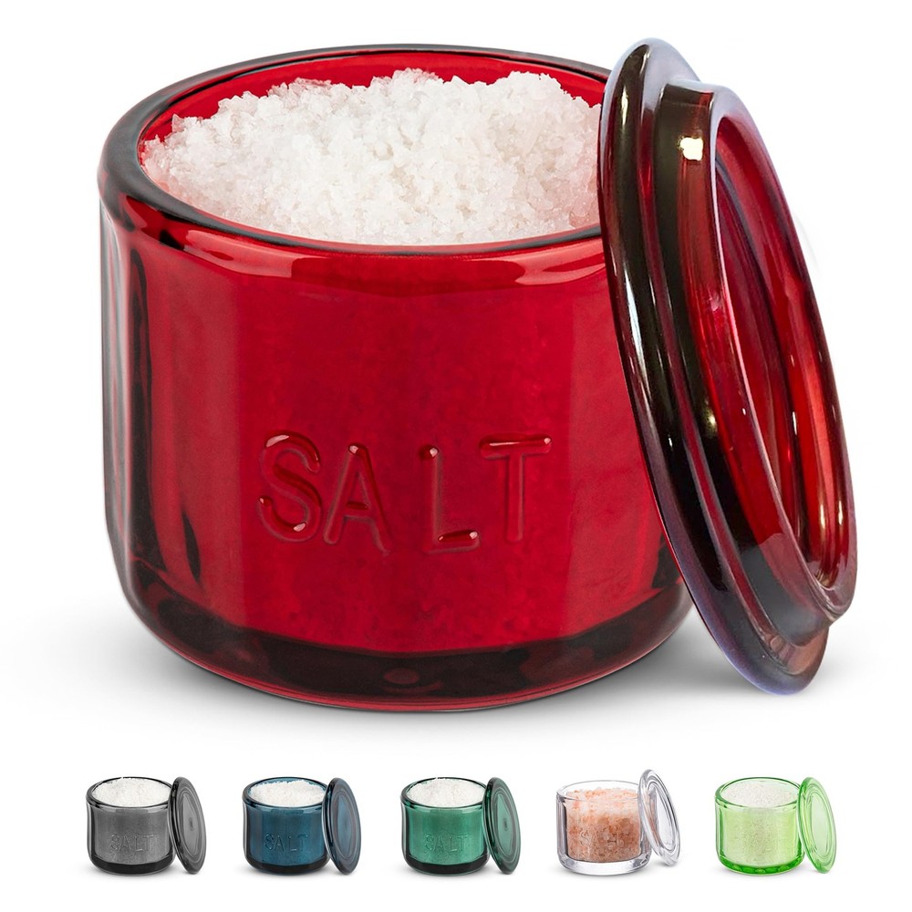 KooK Glass Salt Cellar, with Lid, Embossed Pressed 3.5 D x 3.3 H, Ruby Red