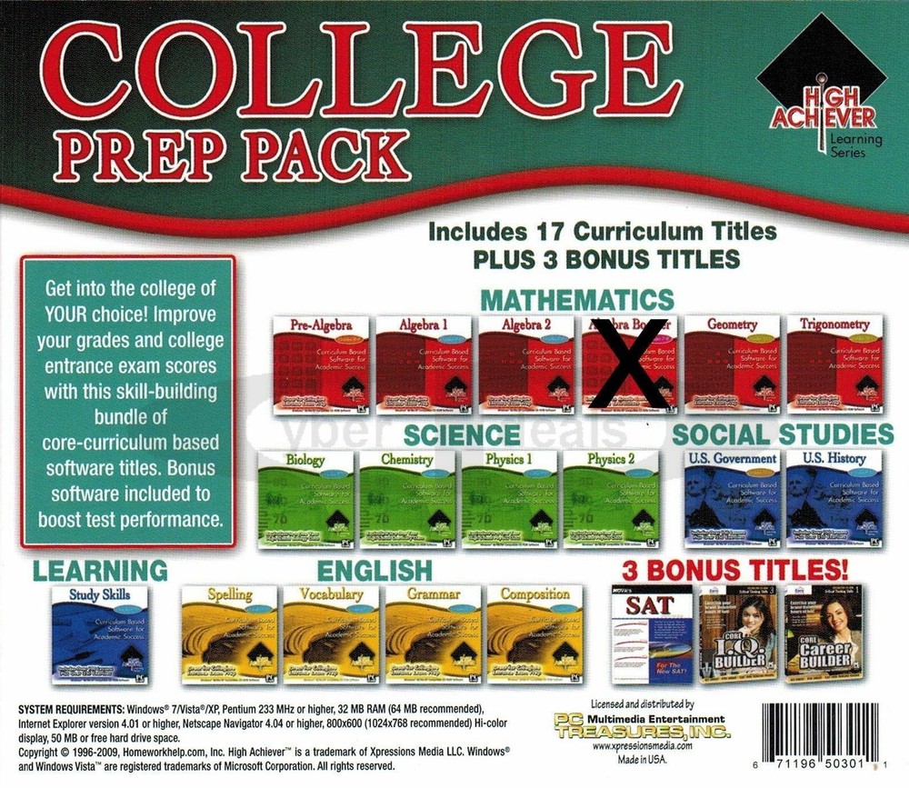 High Achiever College Prep Pack 16 Core Curriculum Subjects Learning PC Software