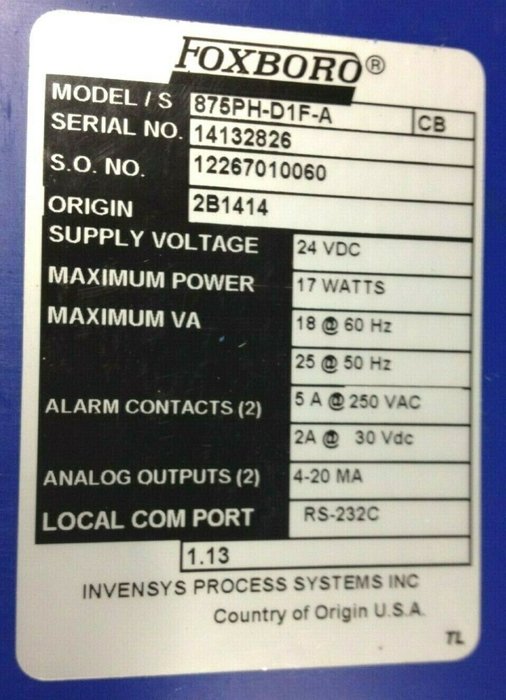 Foxboro 875PH-D1F-A Communicator Series pH/ORP 24 vdc Controller 0 - 14 PH