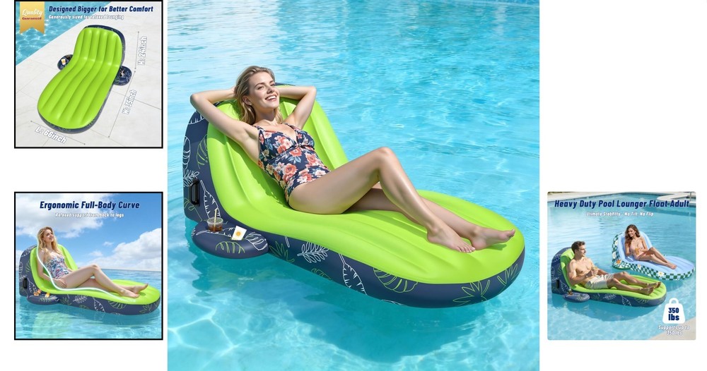 Inflatable Heavy Duty Pool Float for Adults - Convenient Cup Holder and Caddy