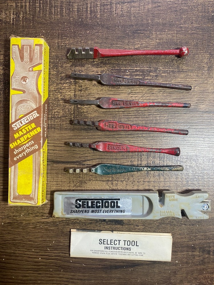 6 Vintage Glass Cutters. Fletcher Red Devil Singer + Selectool Master Sharpener