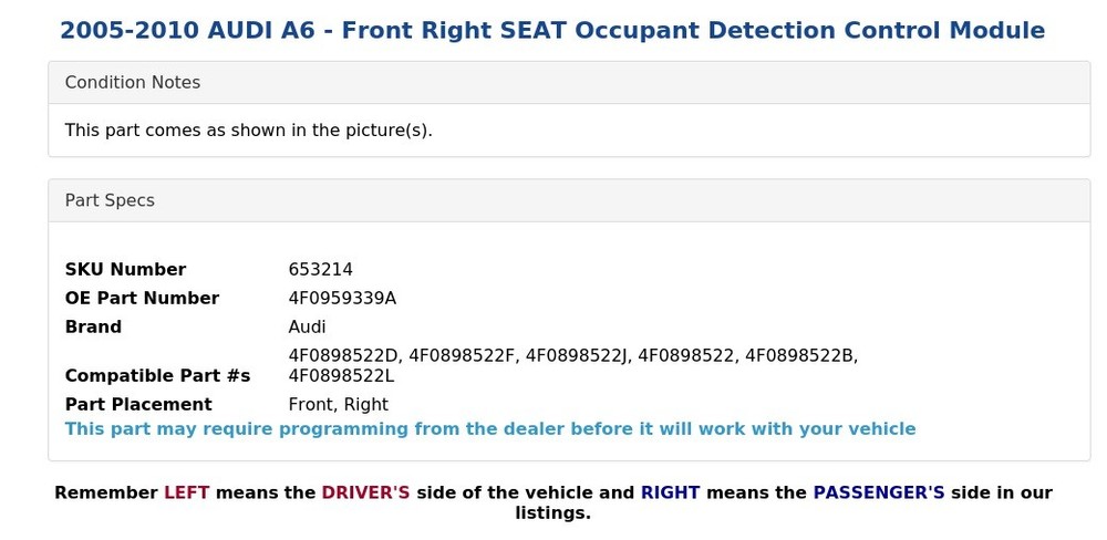 2005-2010 AUDI A6 - Front Right SEAT Occupant Detection Control Module