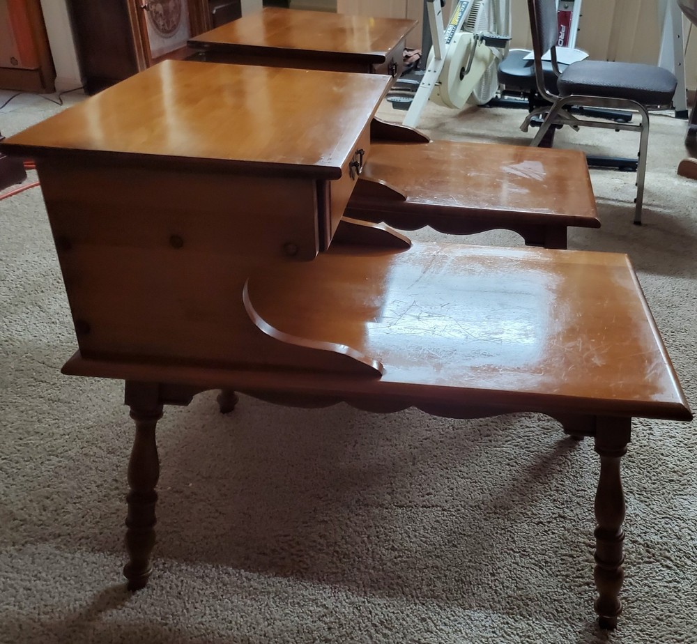 American Maple Step End Tables With A Drawer. Solid Wood, Matching Pair.