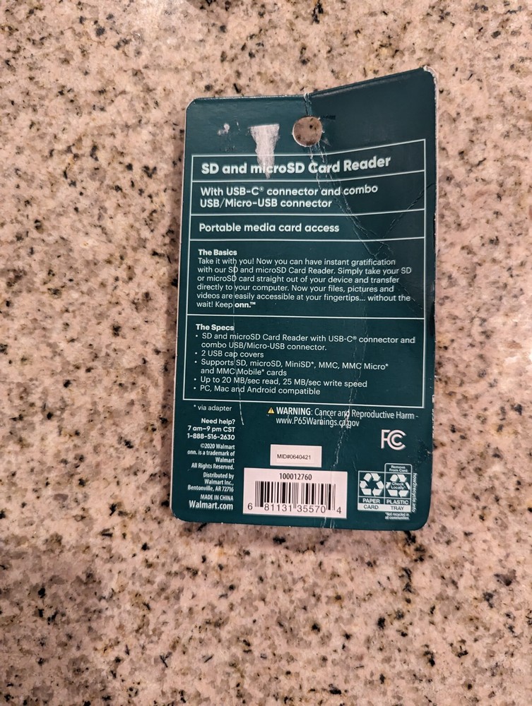 ONN SD microSD Card Reader Combo USB USB-C & Micro-USB Connector