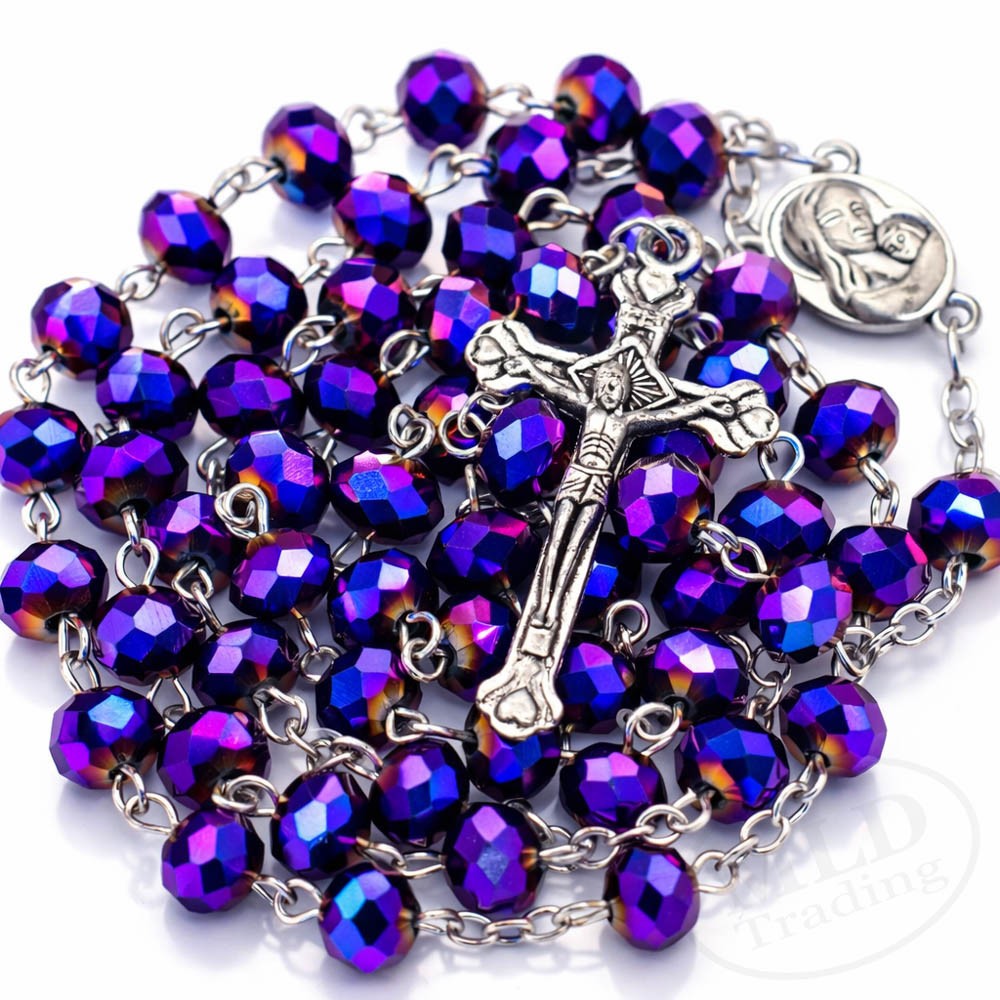 Deep Purple Glass Bead Rosary Necklace – Catholic Prayer Crucifix 26” Devotional