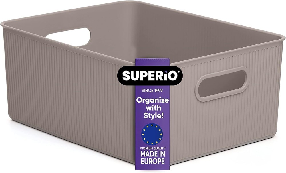 Superio Medium Taupe Ribbed Storage Bin, Plastic Storage Basket (15 Liter)