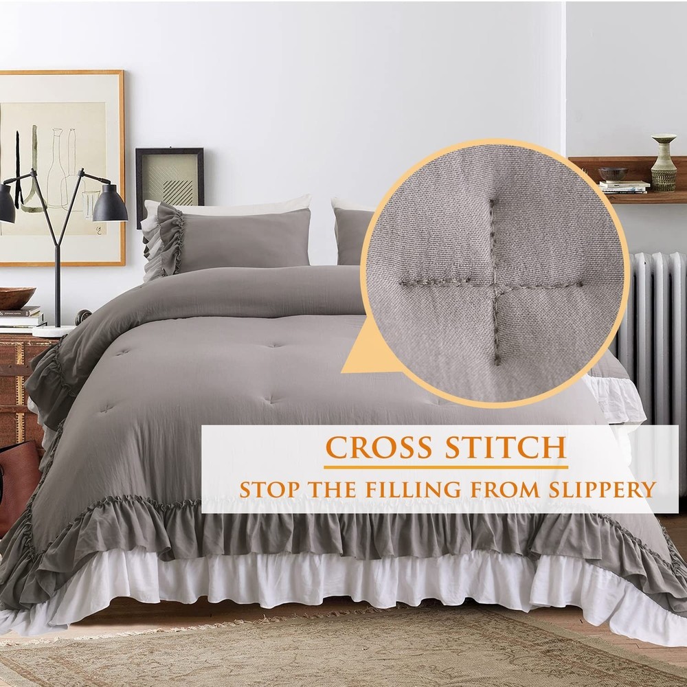Masaca Ruffle Queen Comforter Set,Grey White Ruffled Comforter Sets for Queen...