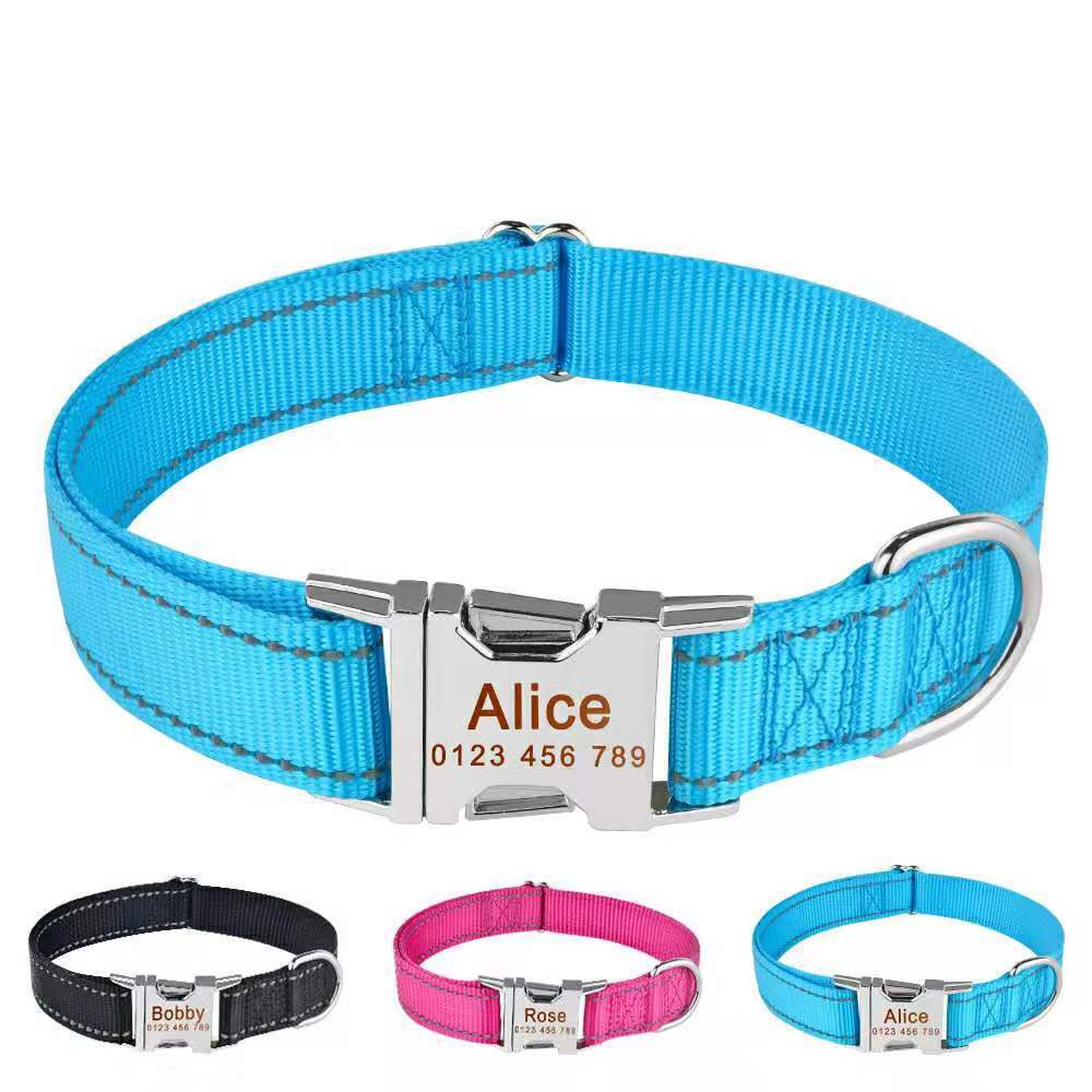 Personalized dog collar engraved custom ID Tag Name Number Nylon reflective S-XL