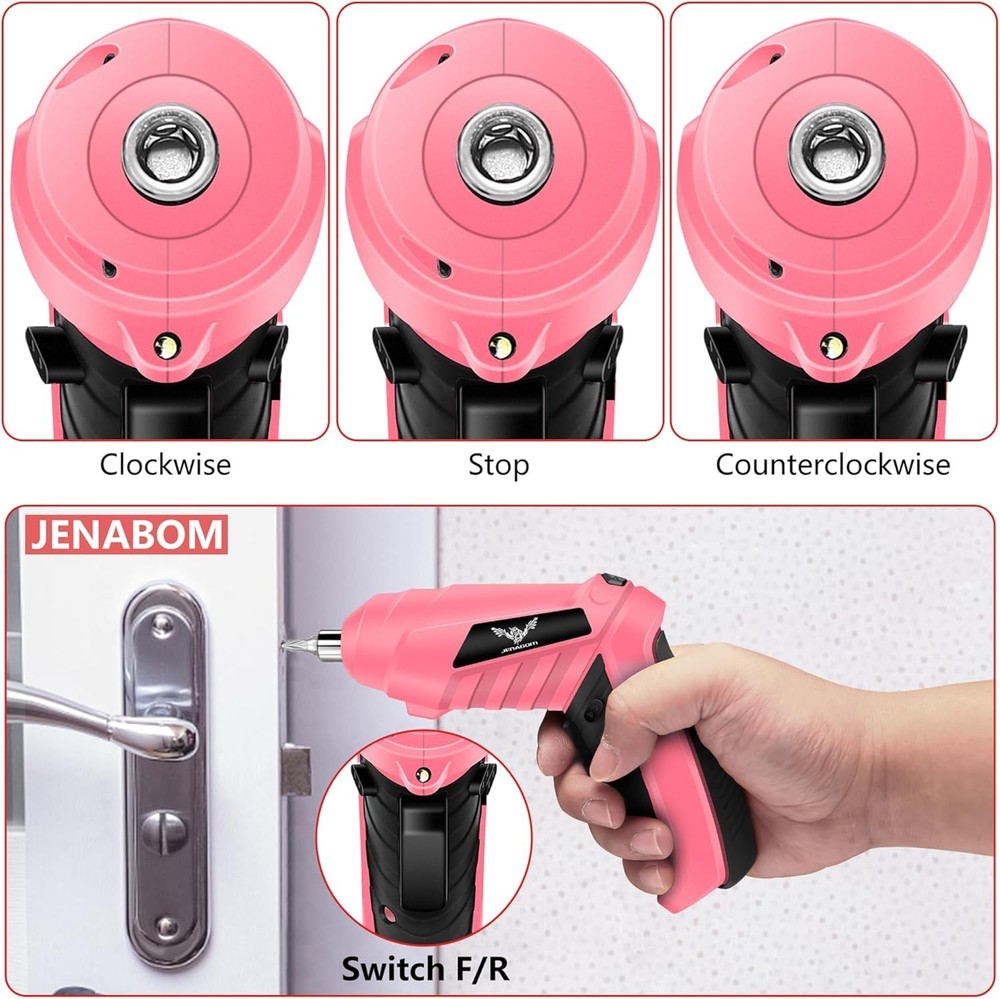 Stylish 3.6V Pink Cordless Screwdriver with 14 Bits & LED Light - Efficient Tool