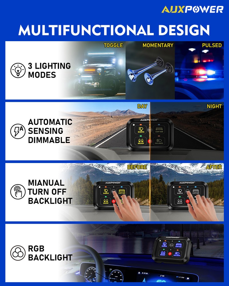 AUXPOWER RGB 4 Gang Switch Panel Toggle Touch On-Off LED Circuit Controller Box