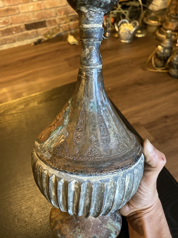 Antique Middle Eastern Islamic Copper Or Brass Jug Vessel Pitcher Arabic Script