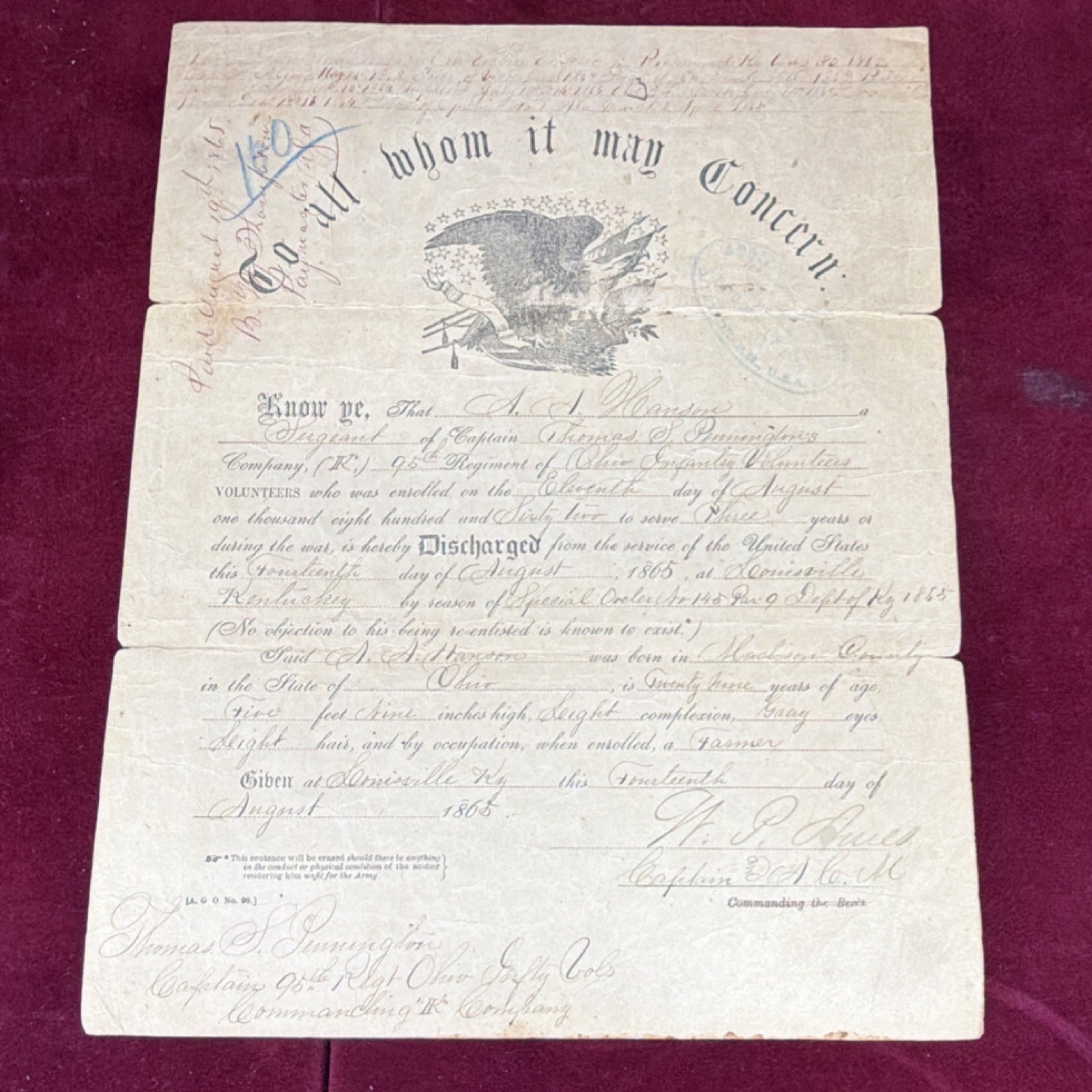 United States Military Discharge Paper Silver War Era Dated August 1865