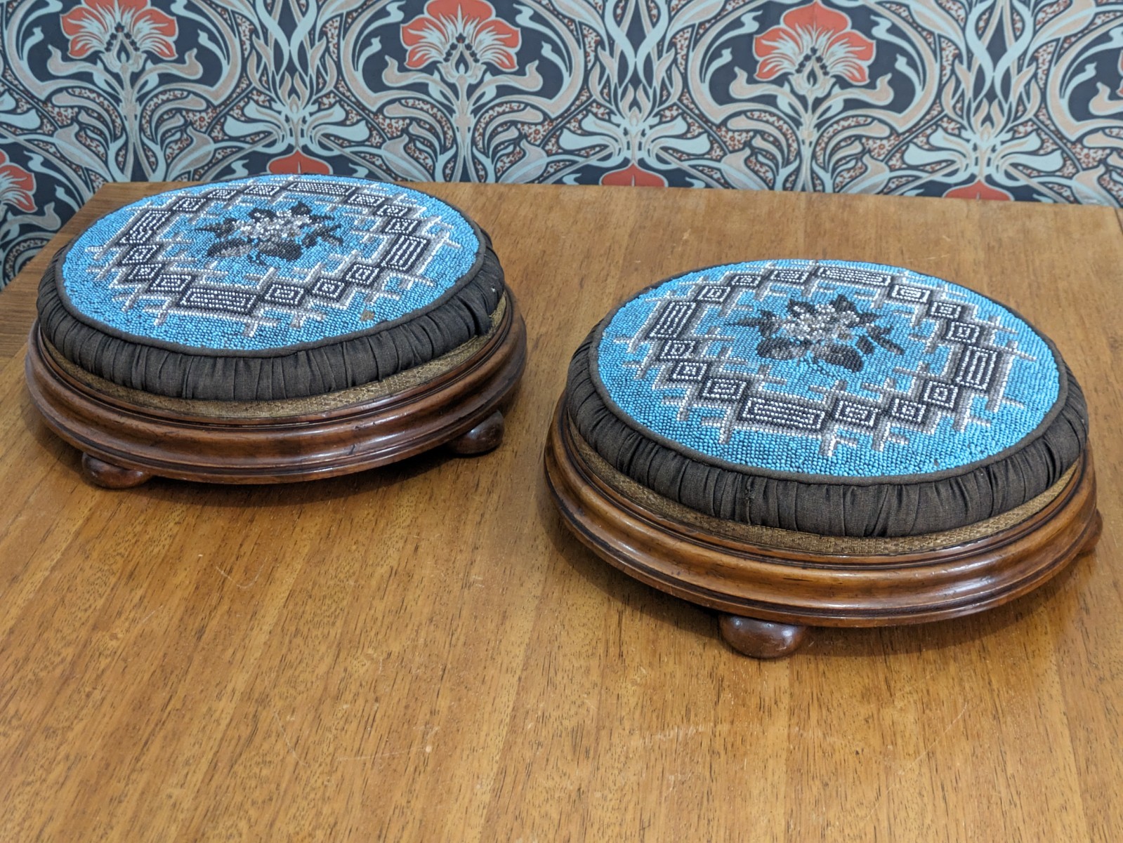 Victorian 19th Century Pair Walnut Turquoise Beadwork Bunfeet Footstools Antique