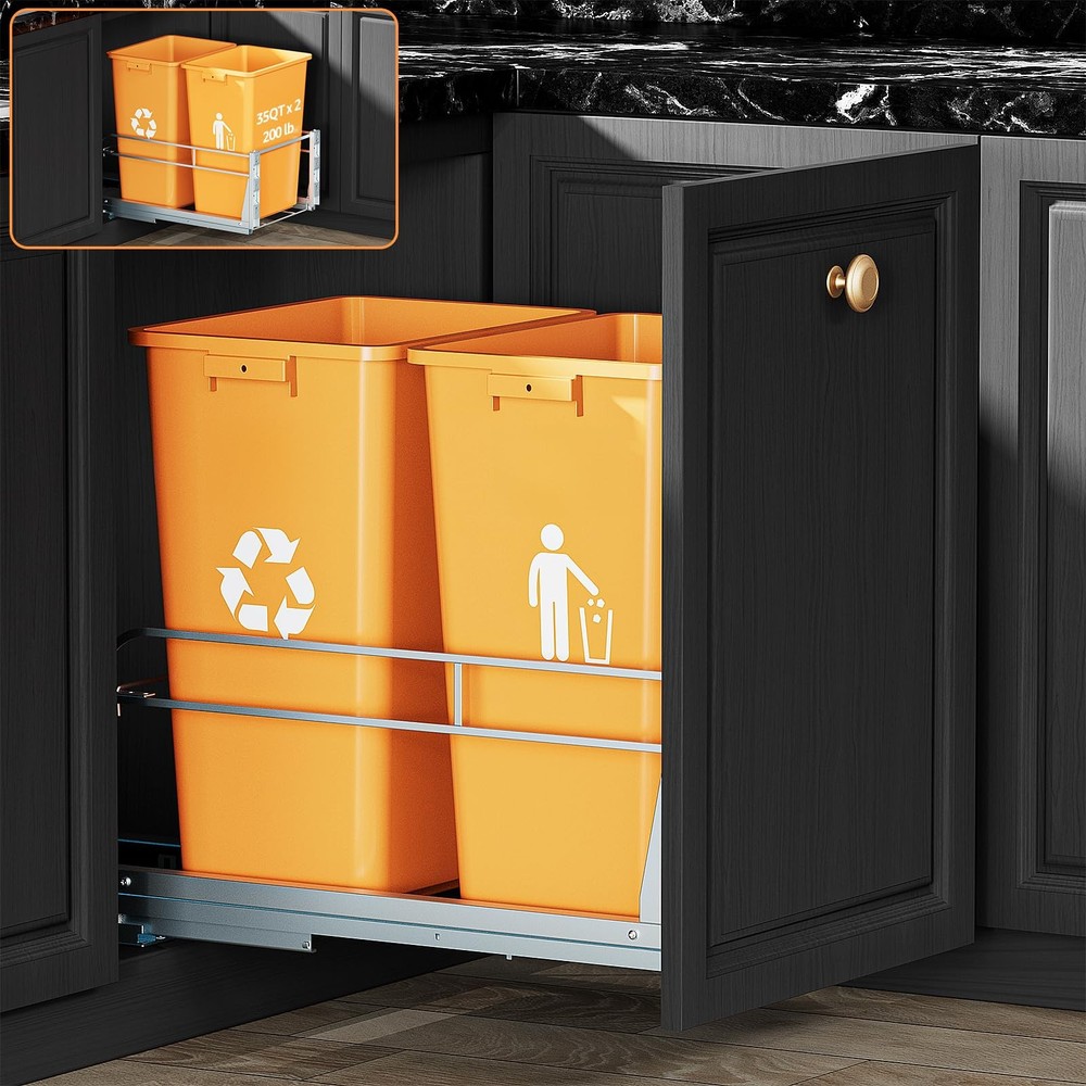 Double Pull Out Trash Can Under Cabinet with Door Double, Silver