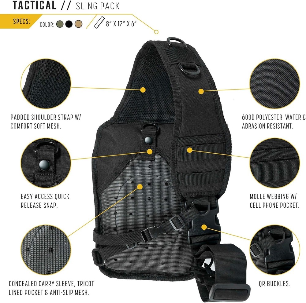WFS Tactical Sling Backback with Concealed Carry Pocket, Black