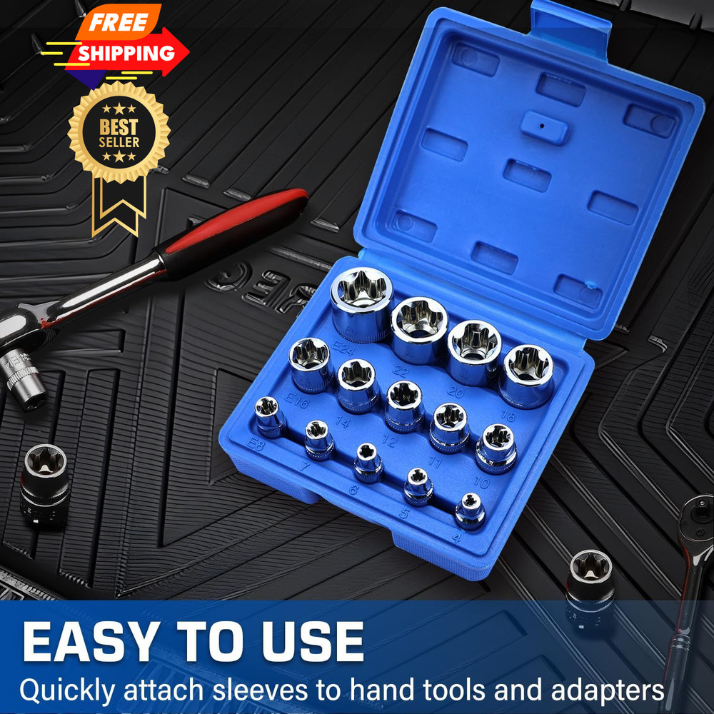 14-Piece Female E-Torx Socket Set, E4-E24 External Star Sockets, 1/4" 3/8"...
