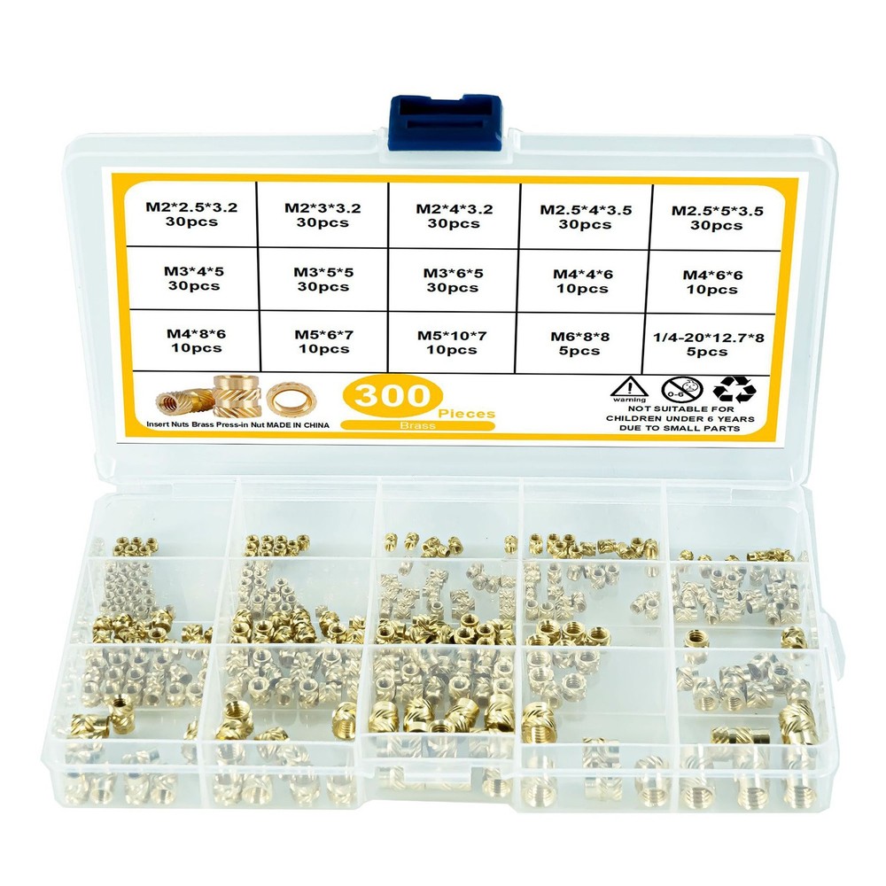 300Pcs M2-M6 Thread Knurled Brass Threaded Insert Embedment Nut Kit+Plastic Box