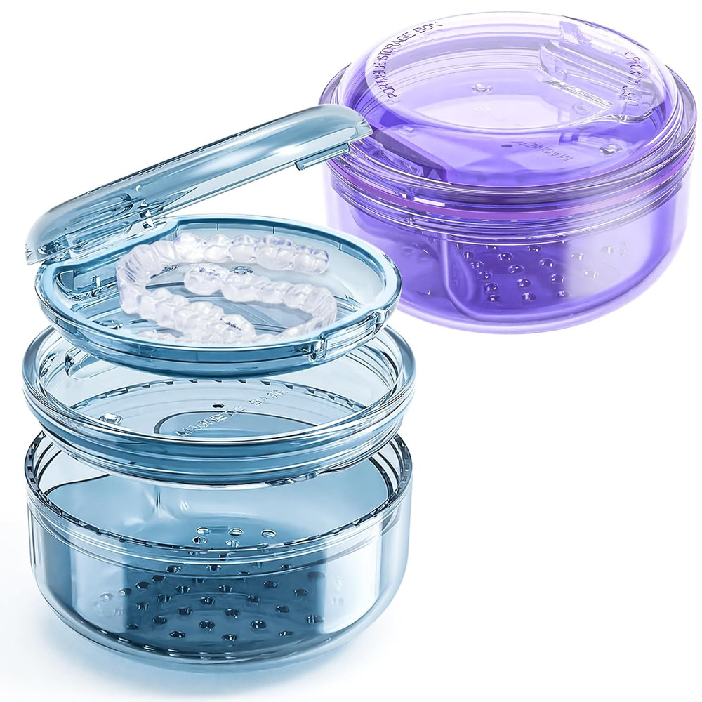 Denture Case, 2PCS Retainer Case with Strainer Basket, 2 in 1 Denture Bath Case