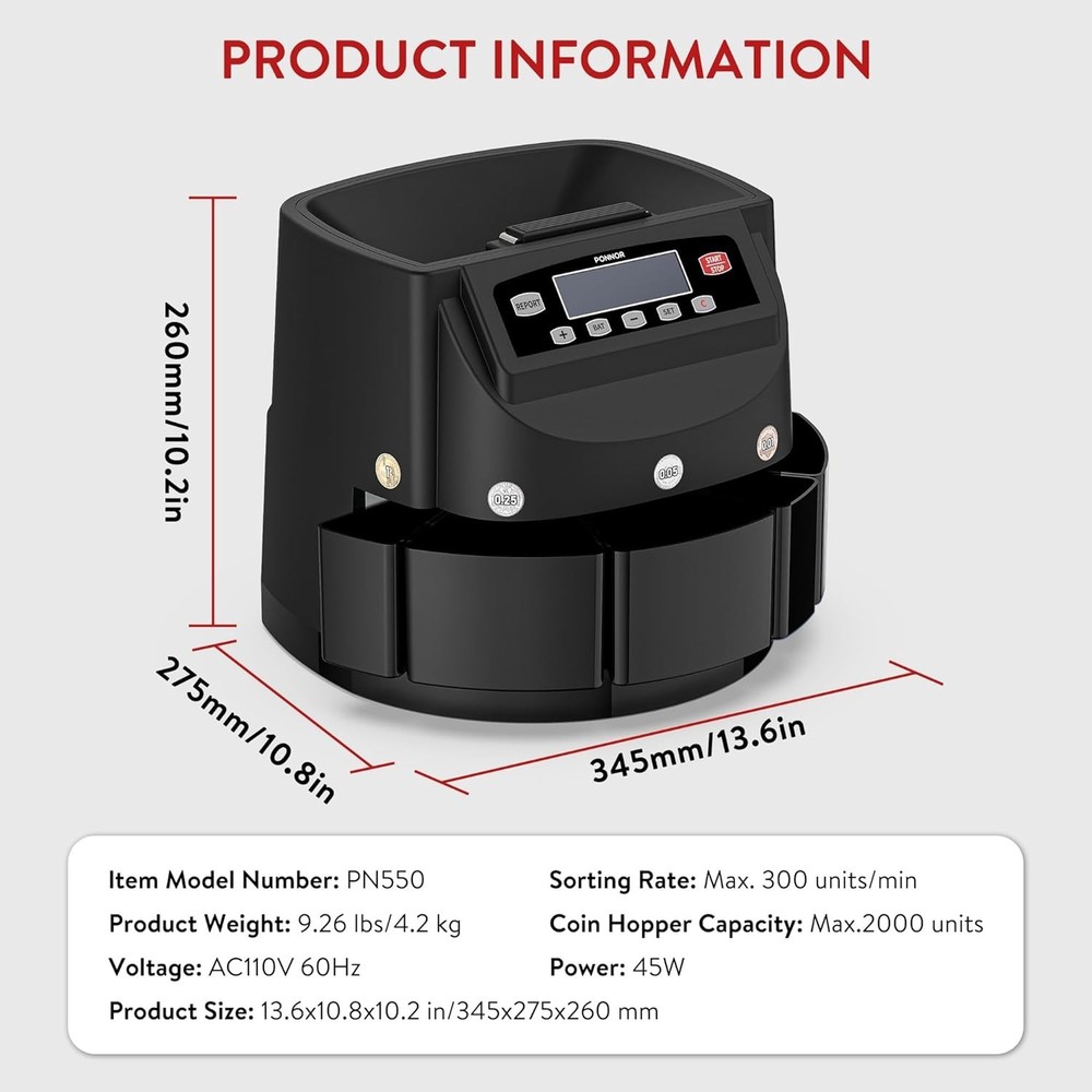 Coin Counter Machine Sorter Change and Wrapper Roller Counting Organizer Sort...