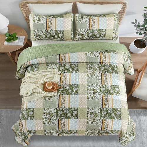 Quilt Set Size，Patchwork Plaid Printed Bedspread Coverlet Set，3 King Green