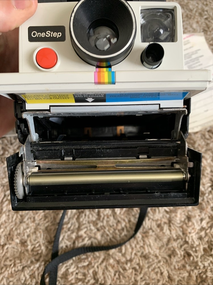 VTG Polaroid Rainbow Stripe One Step Land Instant Camera, ITT Magic Flash & Case