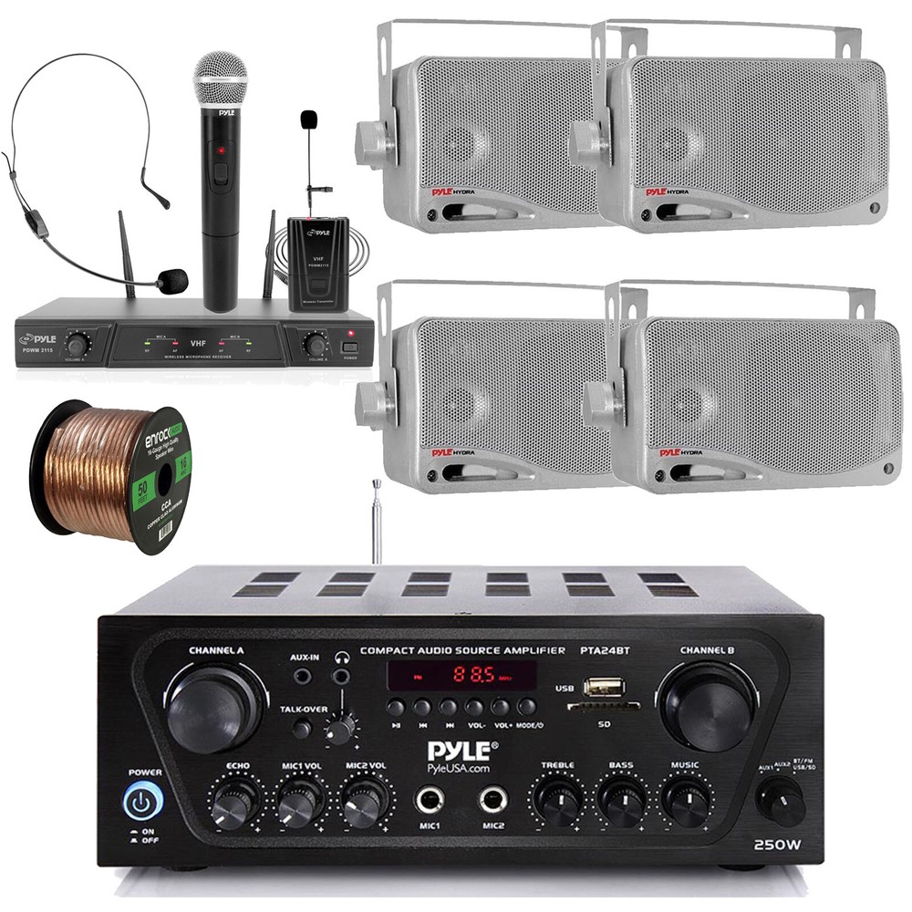 Pyle Bluetooth Radio Receiver, 4x 3.5" Speaker, Wireless Microphone System, Wire
