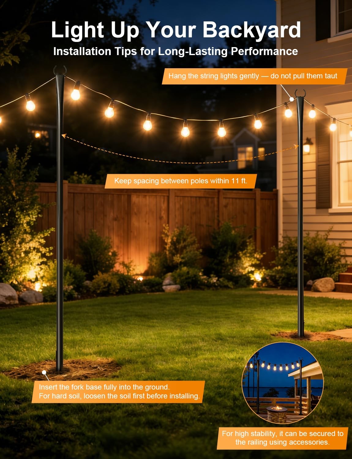 4 Pack String Light Poles for Outside, Thickened Metal 4 Pack, Black