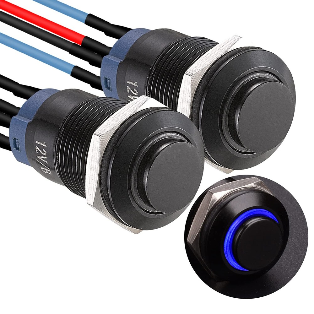 APIELE 12mm Latching Push Button Switch SPST Pre-Wired 150mm Black Shell-Blue