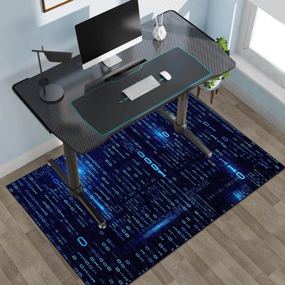 Washable Game Area Rug, Blue Binary Code Design Gaming Programmer Teen Carpet Ru