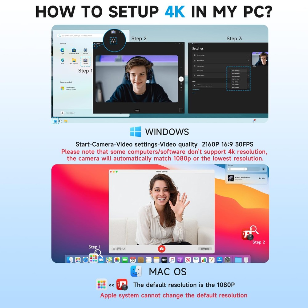 AOC 4k Webcam for PC with Microphone, Computer Camera Noise Black