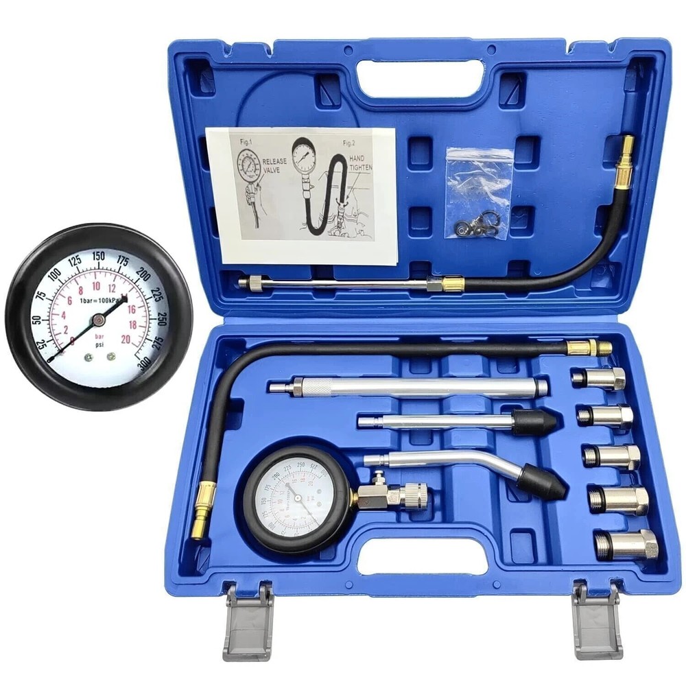 Car Engine Compression Test Tool Set 0-300PSI Includes M10 M12 M14 M18 Adapters