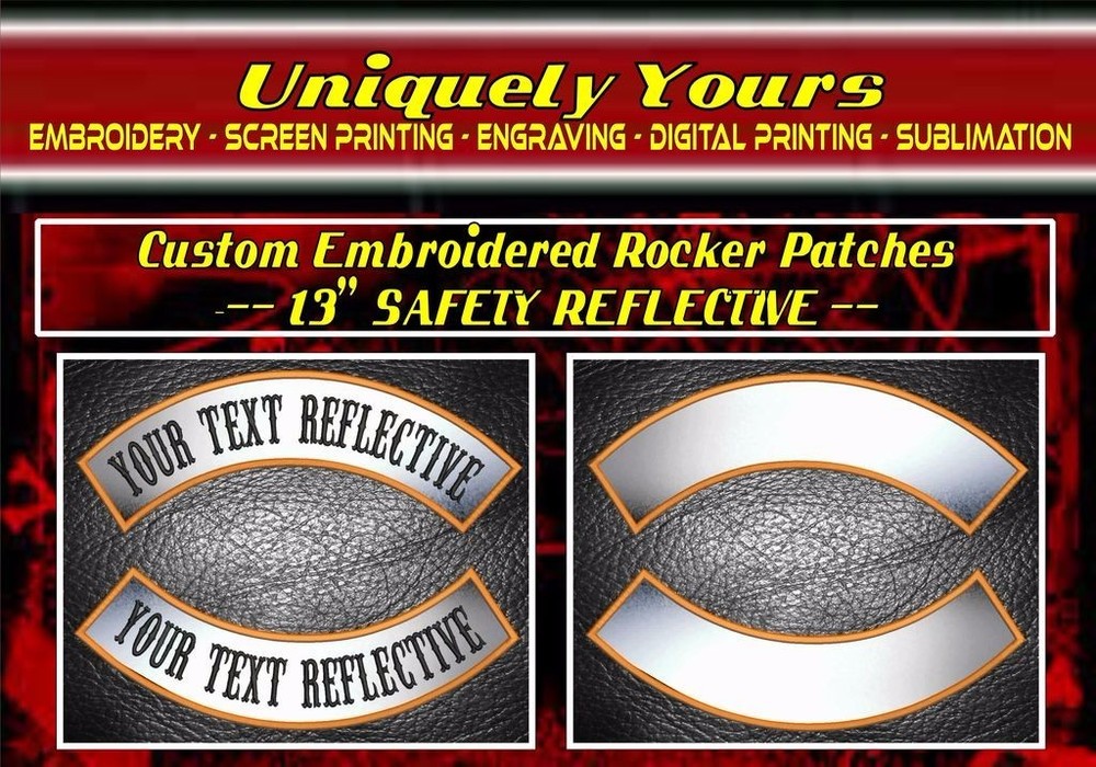 CUSTOM EMBROIDERED REFLECTIVE 13" MC ROCKER PATCH TOP OR BOTTOM BIKER MOTORCYCLE