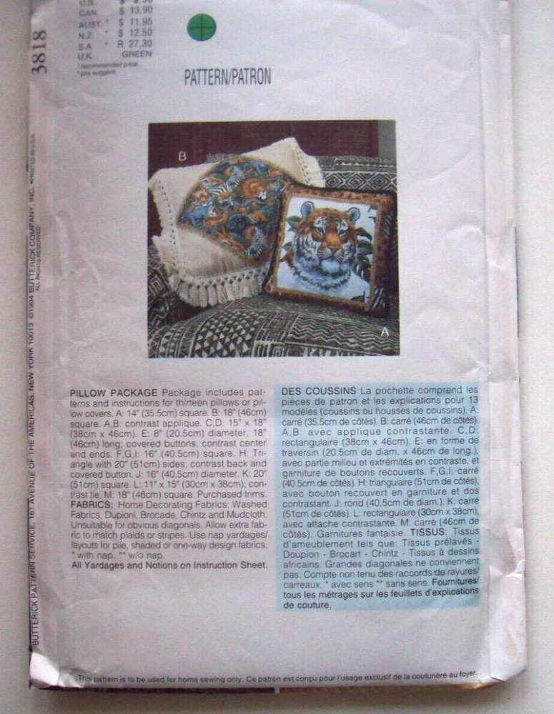 Decorative Pillows pattern 3818 Uncut