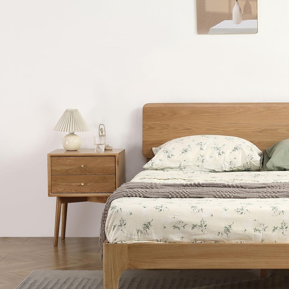 Mid Century Modern Nightstands, Oak Bedside Table Solid Wood End Table with D...