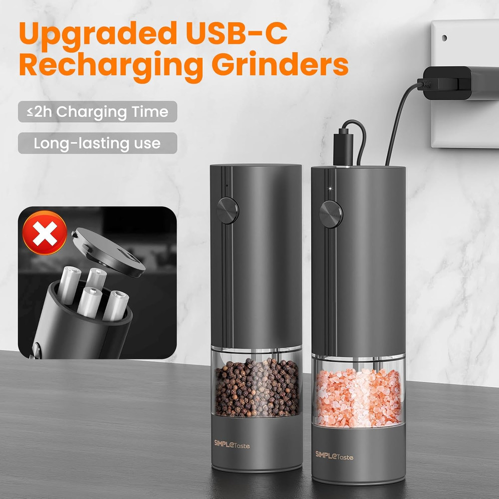 Electric Salt Pepper Grinder Set Rechargeable LED Adjustable Black