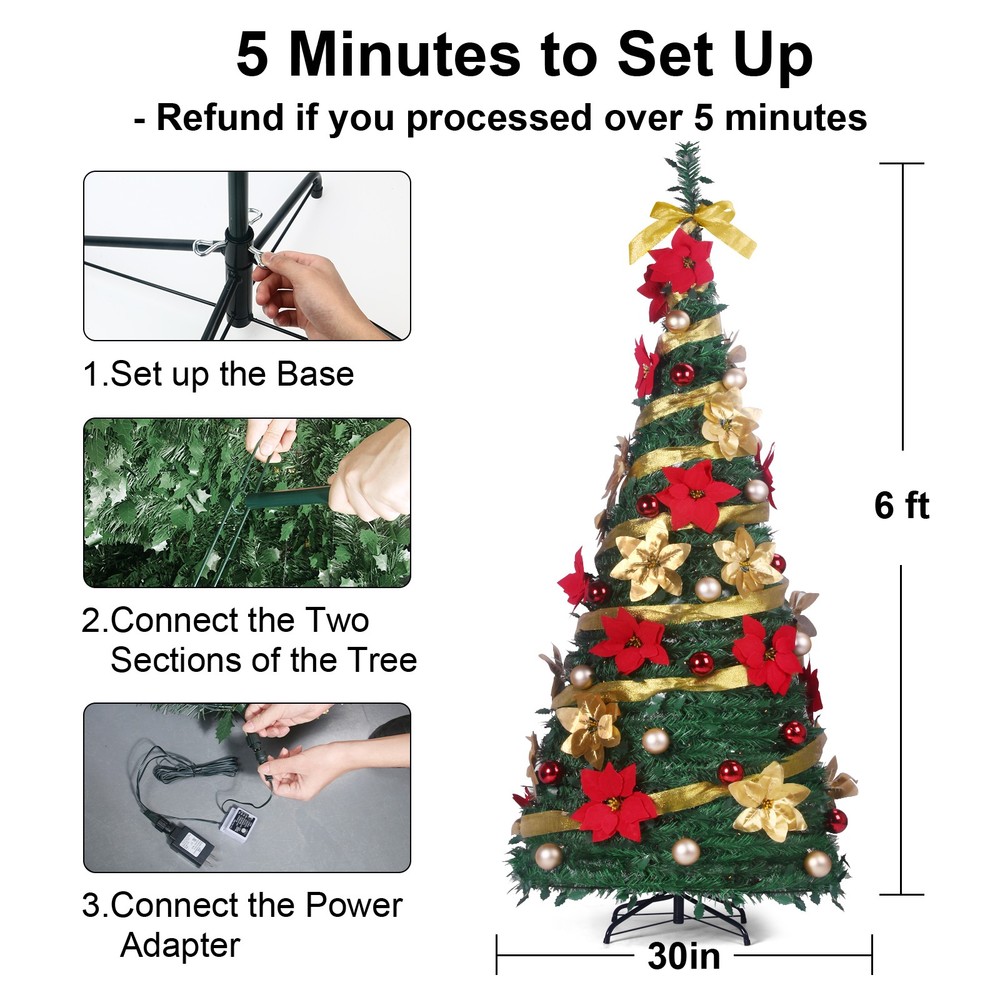6FT Pop Up Christmas Tree Prelit Pull Up Artificial Xmas Trees with LED Lights