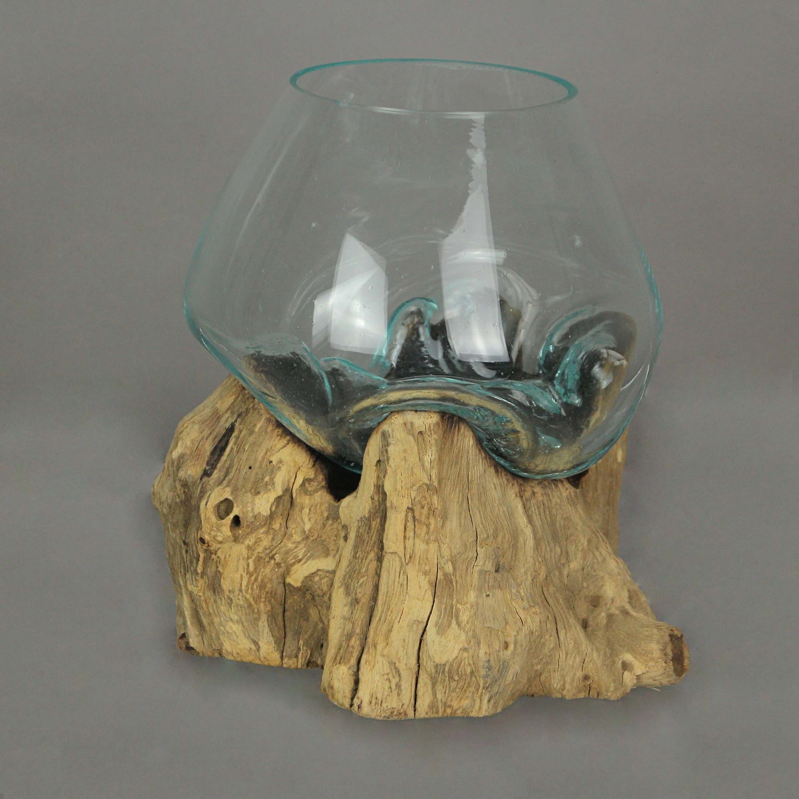 Melted Glass On Teak Driftwood Decorative Bowl Vase Terrarium Planter 6 Inches