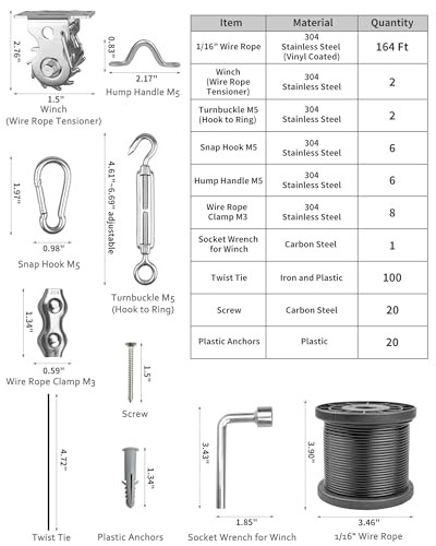 String Light Hanging Kit Outdoor 164 Ft Vinyl Coated Cable and Winch 164 Feet