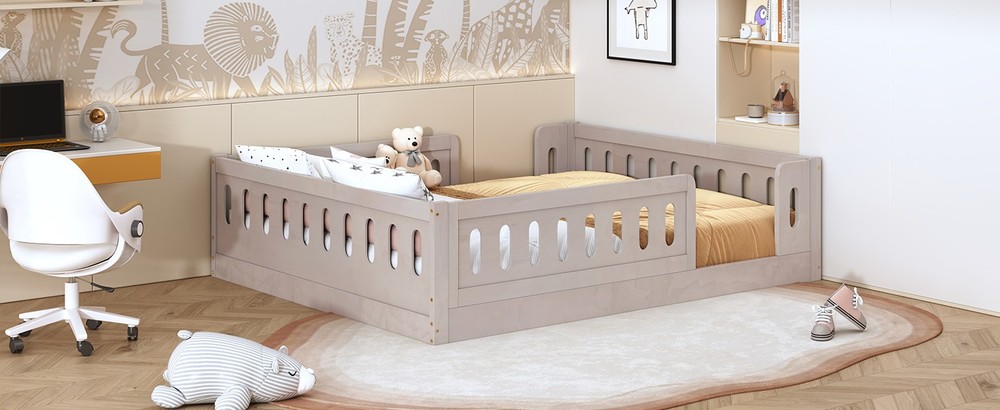 Wood Full Size Platform Bed with Guardrail, Natural