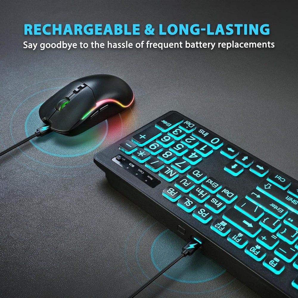 Illuminated Wireless Keyboard with Large Print Keys & Quiet Optical Mouse