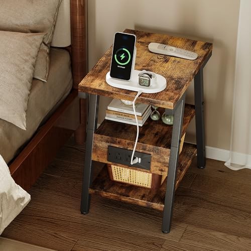 End Table with Charging Station, Small Side Tables with Lucky 7 Rustic Brown