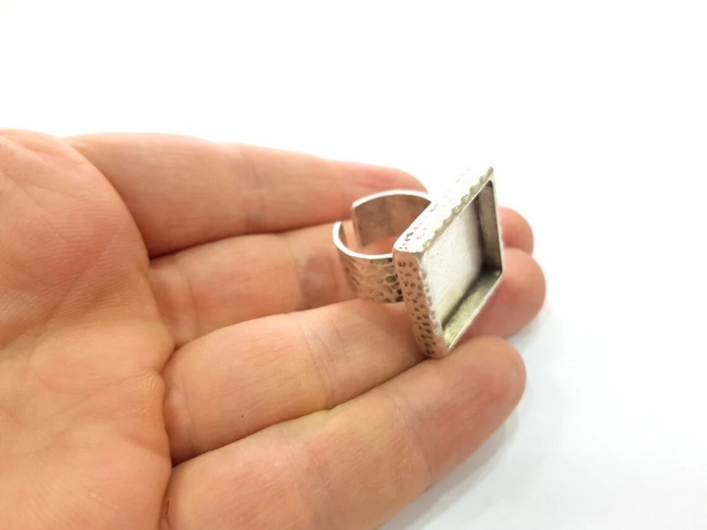 Square Ring Blank Setting Cabochon Base inlay Bezel Adjustable Antique Silver