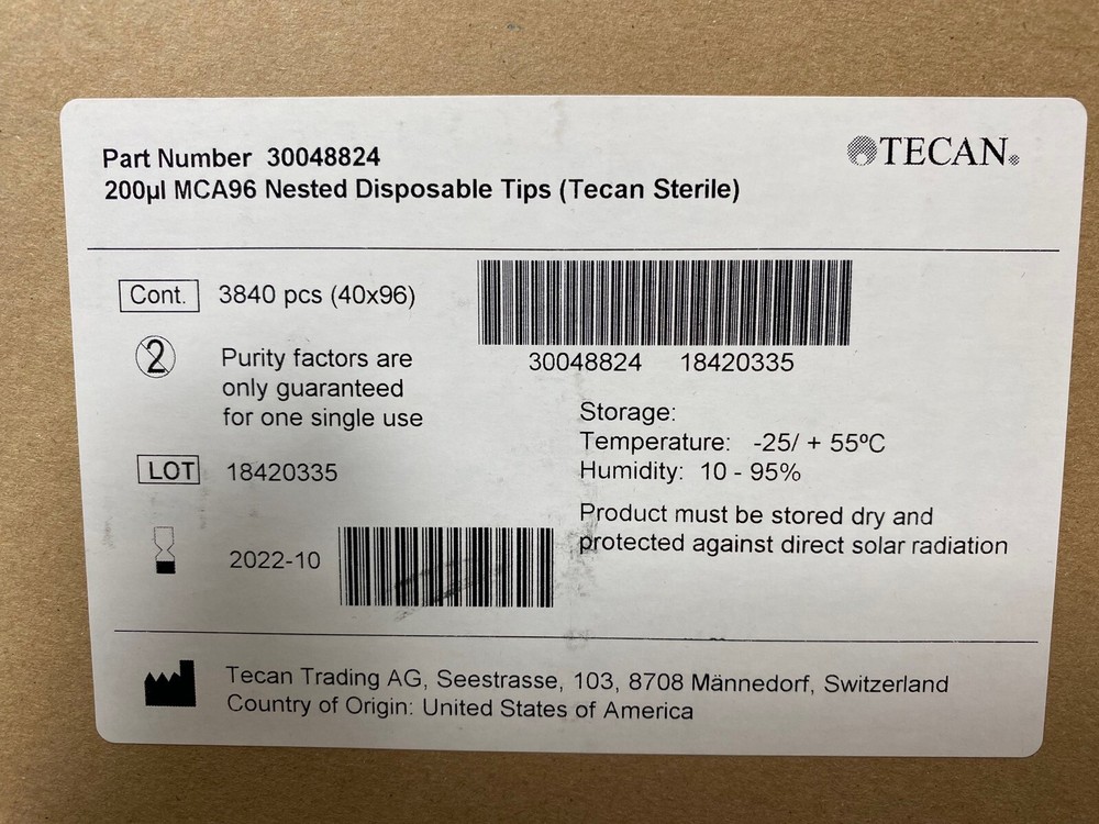 TECAN 200µL MCA96 Non-Filtered Nested 8-Stack Disposable Tips 30048824 (3840/cs)