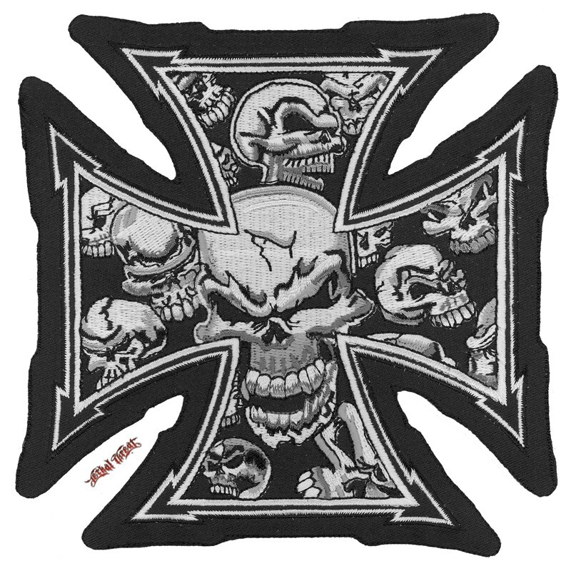 NEW LETHAL THREAT GRAY SKULL IRON CROSS EMBROIDERED PATCH 11"x11" LT30029