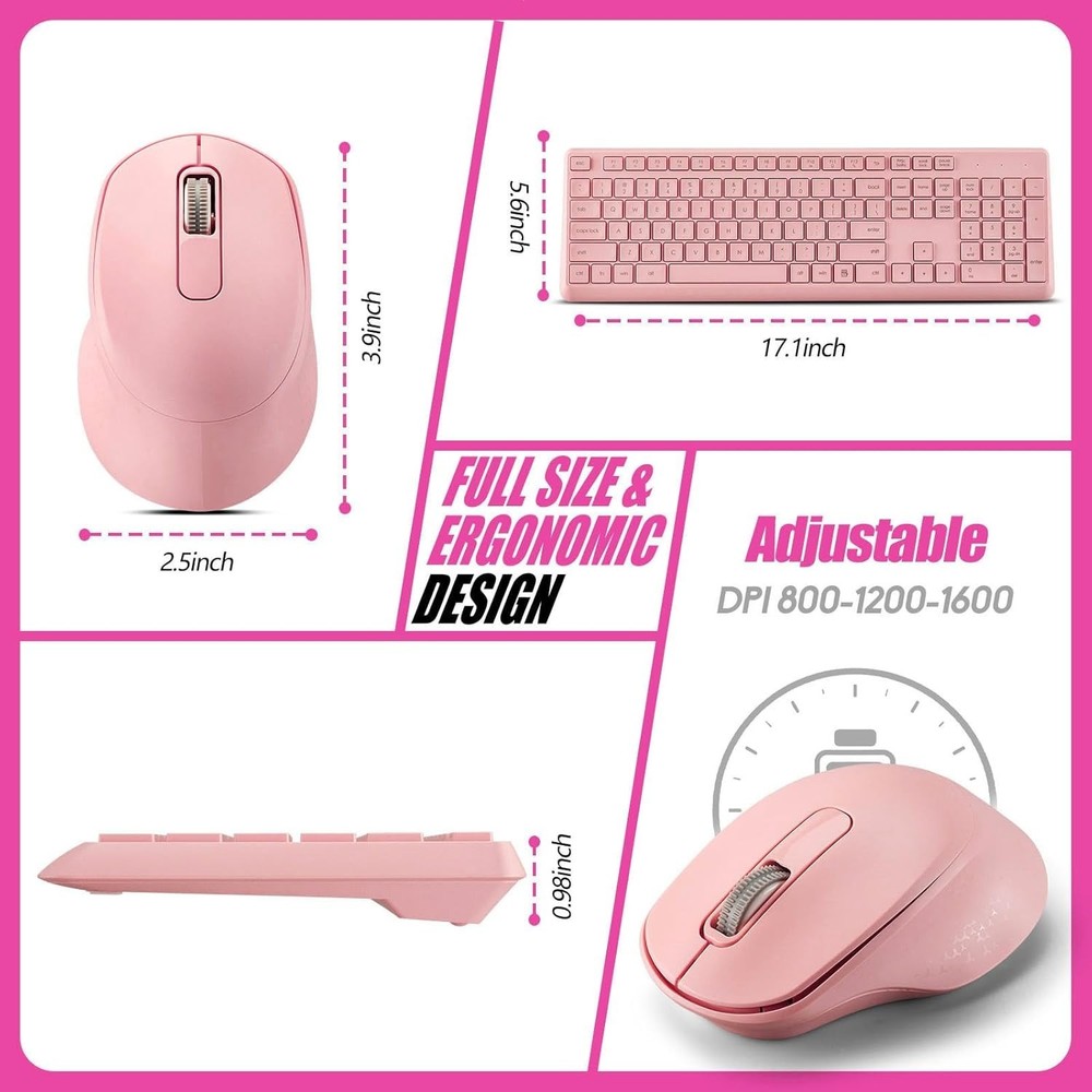 Wireless Keyboard and Mouse Combo, 2.4 GHz Full-Sized Pink