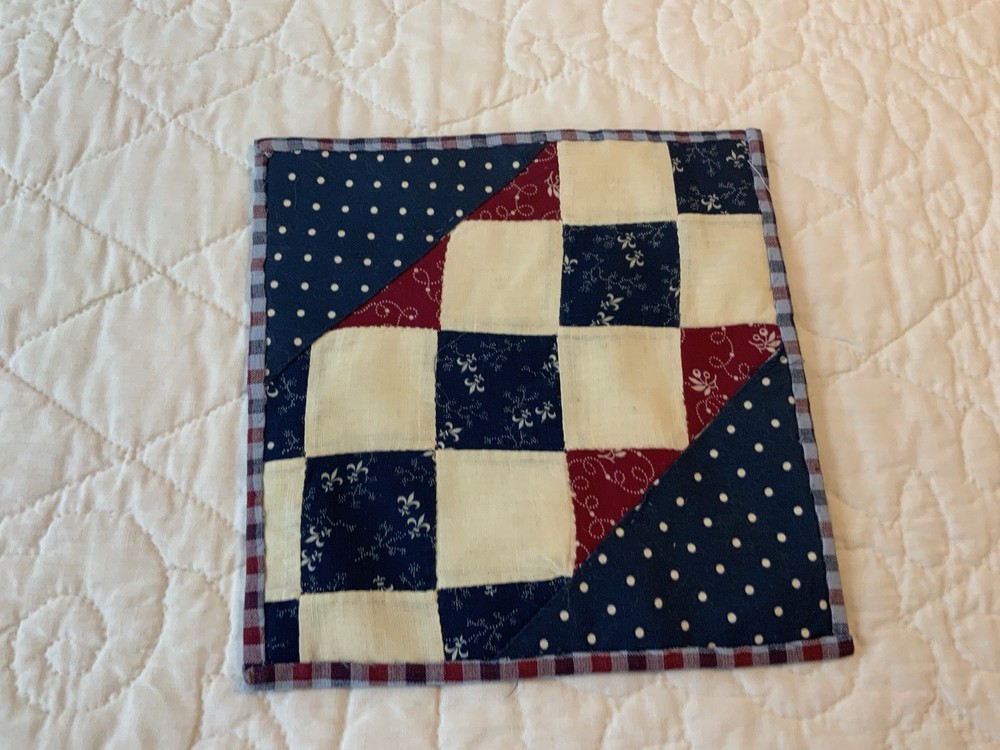 Antique Patchwork Quilt Table Topper, Early Calicos, Squares, Triangles, Navy