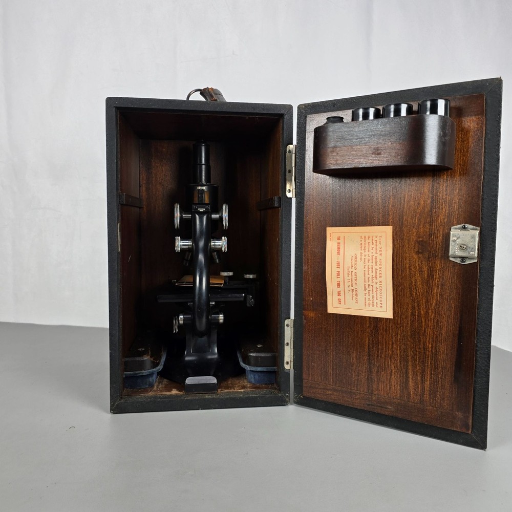 Vintage AO American Optical Spencer Microscope W/ Solid Wood Case & Accessories
