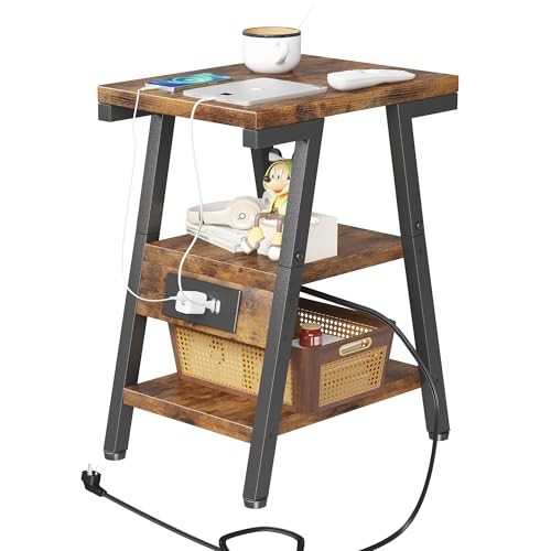 End Table with Charging Station, Small Side Tables with Lucky 7 Rustic Brown