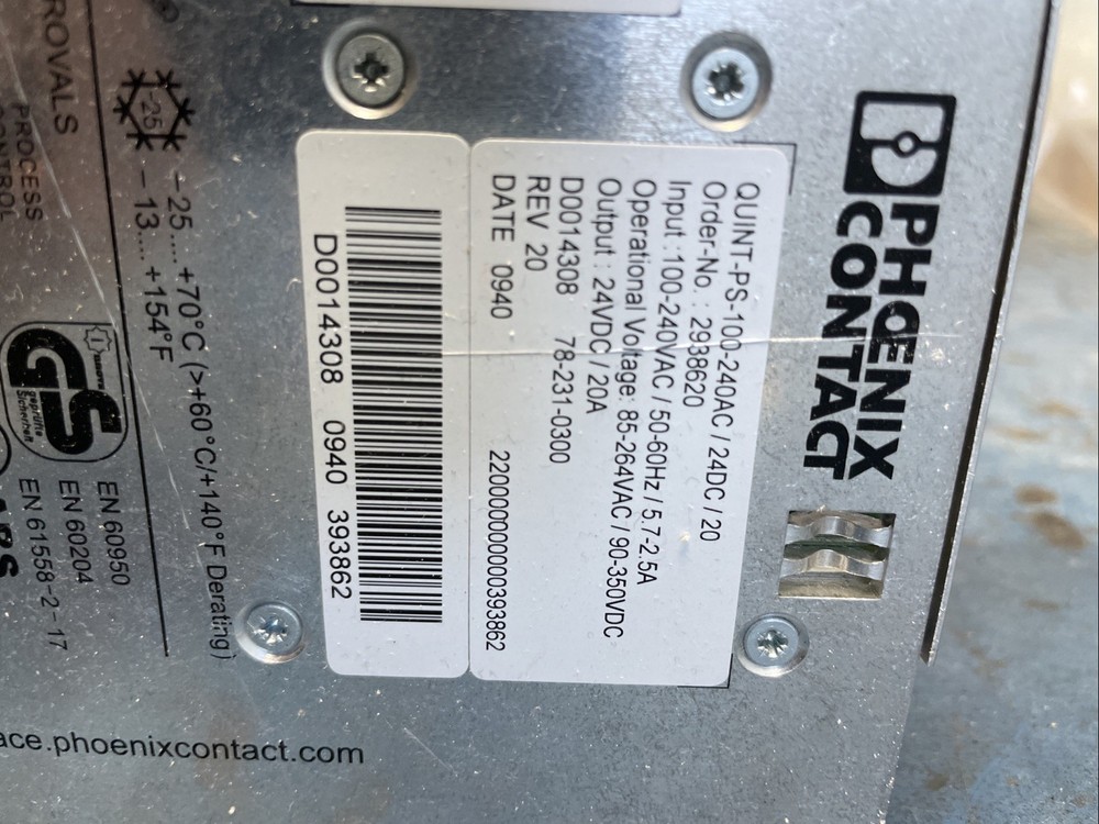 Phoenix Contact Power Supply 100-240v Input, 20 Amp