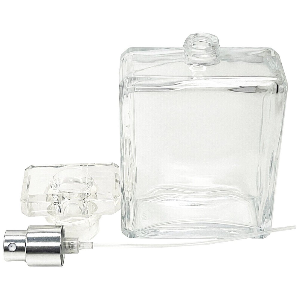 100ml 3.4oz square T-cap beveled glass spray bottle silver atomizer